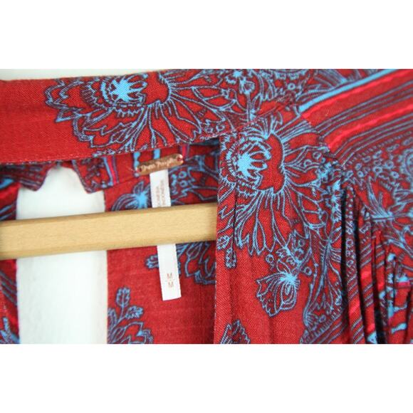 Free People Medium Tunic Top Red Blue Boho Hippy High Neck walking on a Dream - Picture 6 of 11